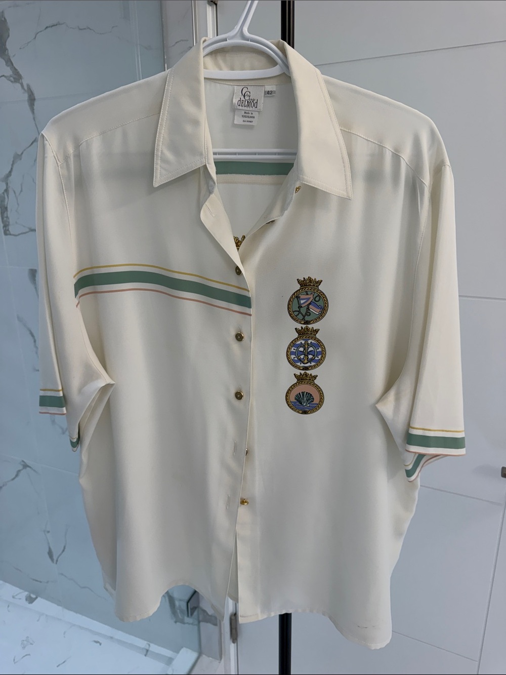CHANEL Cream Short-Sleeve Button Shirt with Pastel Stripes and Crest Embroidery